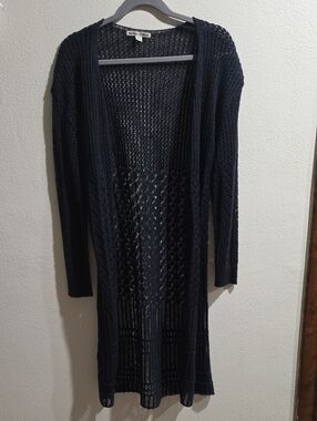 Moral Fiber Crocheted Long Duster Style Cardigan In Deep Teal Blue